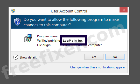 Screenshot where LogMeIn Inc appears as the verified publisher in the UAC dialog